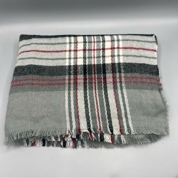 Minicci  Plaid Fringe Wrap Scarf Gray Black Red - Picture 1 of 3